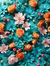 A lush composition of orange, pink, and turquoise flowers densely packed on a turquoise background, exuding warmth and Royalty Free Stock Photo
