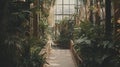 Lush Conservatory Pathway, Sunlight, Plants, Bridge, Tranquility Royalty Free Stock Photo