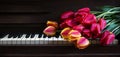 Tulips lie on the piano keys