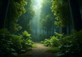 A lush, dense forest with towering trees and a winding dirt path. Royalty Free Stock Photo