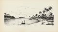 Lush And Detailed Beach Sketch With Boats And Palm Trees