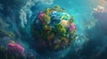A lush digital globe symbolizing harmony between technology and nature in a utopian world