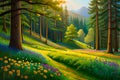 A lush, emerald-green forest with a carpet of vibrant wildflowers in full bloom Royalty Free Stock Photo