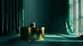 With lush emerald green velvet as its backdrop the gleaming golden pedestal stands tall and proud showcasing the