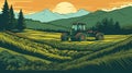 Lush Farm Field With Tractor And Mountains Illustration