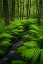 A dense fern-covered forest, the sound of a murmuring brook in the air. Royalty Free Stock Photo
