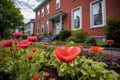 lush flowerbed at the front of a colonial brick house Royalty Free Stock Photo