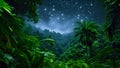 A lush forest abundant with tall trees is illuminated by the dazzling display of stars above, Starry night over a thriving