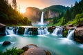 Nature's beauty: lush forest, flowing waterfalls, serene landscape, tropical tranquility. Generative AI