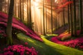 A lush forest grove filled with vibrant rhododendron blossoms, creating a riot of colors beneath the towering green canopy