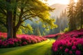 A lush forest grove filled with vibrant rhododendron blossoms, creating a riot of colors beneath the towering green canopy