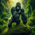 Majestic silverback gorilla stand strong on rock outcrop in forest setting