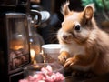 Curious squirrel making coffee with cheerful machine