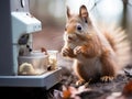 Curious squirrel making coffee with cheerful machine Royalty Free Stock Photo