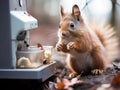 Curious squirrel making coffee with cheerful machine