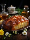 Lush fresh buns with honey and tea on the table. AI Royalty Free Stock Photo
