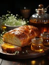 Lush fresh buns with honey and tea on the table. AI Royalty Free Stock Photo