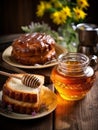 Lush fresh buns with honey and tea on the table. AI Royalty Free Stock Photo