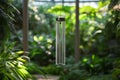 In a lush garden filled with greenery, a wind chime sways gently, surrounded by an array of tropical plants and warmed Royalty Free Stock Photo