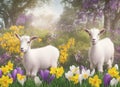 Two adorable Easter lambs standing in a migical spring garden