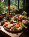 In a lush garden, a group of friends enjoys a picnic filled with an assortment of healthy treats, celebrating the joy