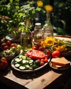 In a lush garden, a group of friends enjoys a picnic filled with an assortment of healthy treats, celebrating the joy