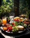 In a lush garden, a group of friends enjoys a picnic filled with an assortment of healthy treats, celebrating the joy