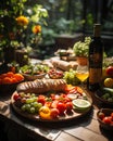 In a lush garden, a group of friends enjoys a picnic filled with an assortment of healthy treats, celebrating the joy