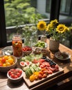 In a lush garden, a group of friends enjoys a picnic filled with an assortment of healthy treats, celebrating the joy