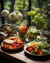 In a lush garden, a group of friends enjoys a picnic filled with an assortment of healthy treats, celebrating the joy