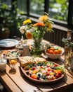 In a lush garden, a group of friends enjoys a picnic filled with an assortment of healthy treats, celebrating the joy