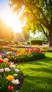 Lush garden scene with vibrant flowers and a large tree in the sunlight Royalty Free Stock Photo