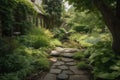 lush garden with stone walkway, leading to serene pond