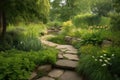 lush garden with stone walkway, leading to serene pond