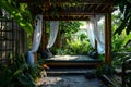 Lush garden view, cozy corner under a canopy, vibrant midday light, encapsulating tranquil energy