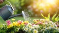 Lush garden watering with metal can in sunlit summer flower bed