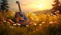 lush grass and wildflowers, where tall trees are arranged to shape a guitar.