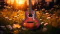 lush grass and wildflowers, where tall trees are arranged to shape a guitar.