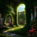 Fantasy Garden Scene Depicting Archway and Flowers Royalty Free Stock Photo