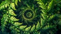 Mesmerizing spiral pattern formed by lush green fern leaves