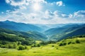 Lush green fields, serene blue sky with fluffy clouds, perfect summer scene of tranquility.