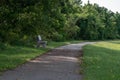 Lush green foliage, a quiet path and a park bench make a peaceful atmosphere.