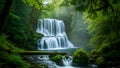 Lush green forest with cascading waterfall and mossy rocks 1 Royalty Free Stock Photo