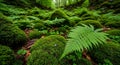 Lush green forest floor covered in moss and ferns with sunlight filtering through trees nature Royalty Free Stock Photo