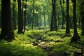 Lush green forest with majestic trees, small bushes, and ferns