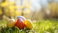 Lush green grass foreground, vibrant spring scene, whiteyellow background, easter concept Royalty Free Stock Photo