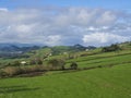 Lush green grass hills with fields and pastures, small houses and grazing cows, blue sky and white clouds. Typical Royalty Free Stock Photo