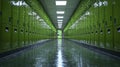 Lush Green Hallway with Lockers and Natural Elements Royalty Free Stock Photo