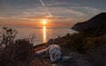 Sunsetting into the Mediterranean Sea and beautiful Kuvasz Dog Royalty Free Stock Photo