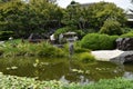 Japanese zen garden pond with bridge and stone lamp Royalty Free Stock Photo